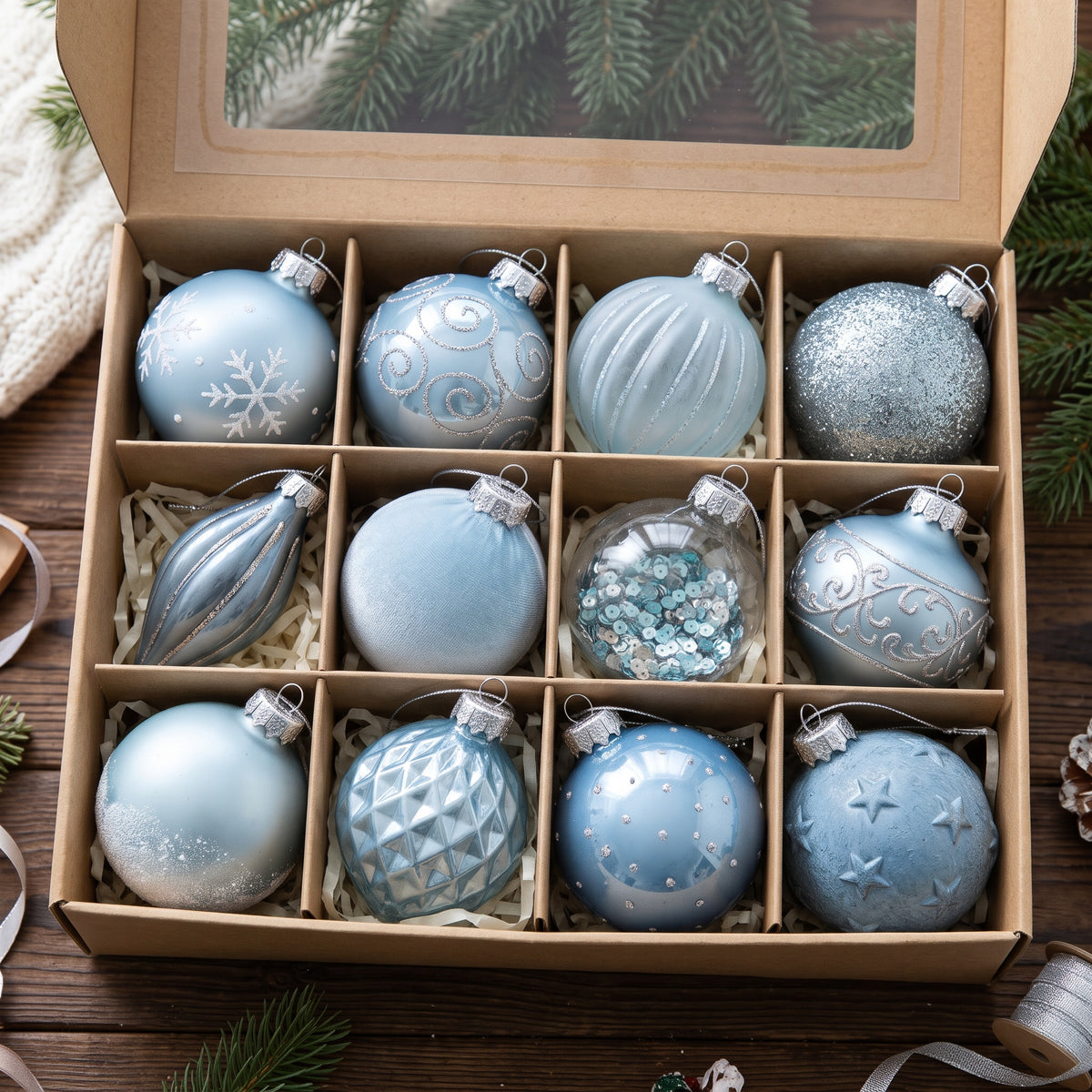 12-Piece Assorted Ice Blue and Silver Luxury Shatterproof Holiday Ornament Set Christmas Decor