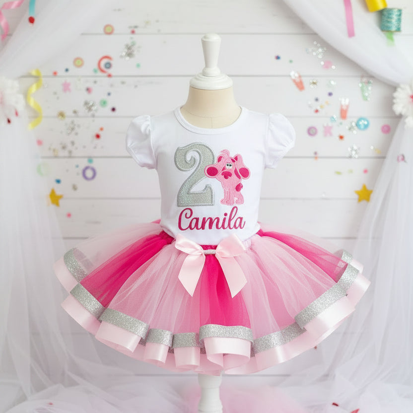 Blue's Clues Magenta Tutu Set Girls Personalized Custom Pink Silver Ribbon Sewn Trim Tutu Outfit Dress Theme Cake Smash Birthday Party