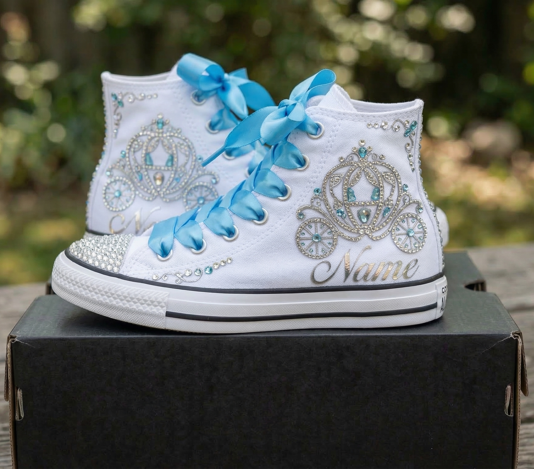 Custom Princess Carriage Blue Silver High-Top Sneakers Shoes Personalized with Name, Ribbon Laces & Rhinestones Birthday Parties Everyday Gift