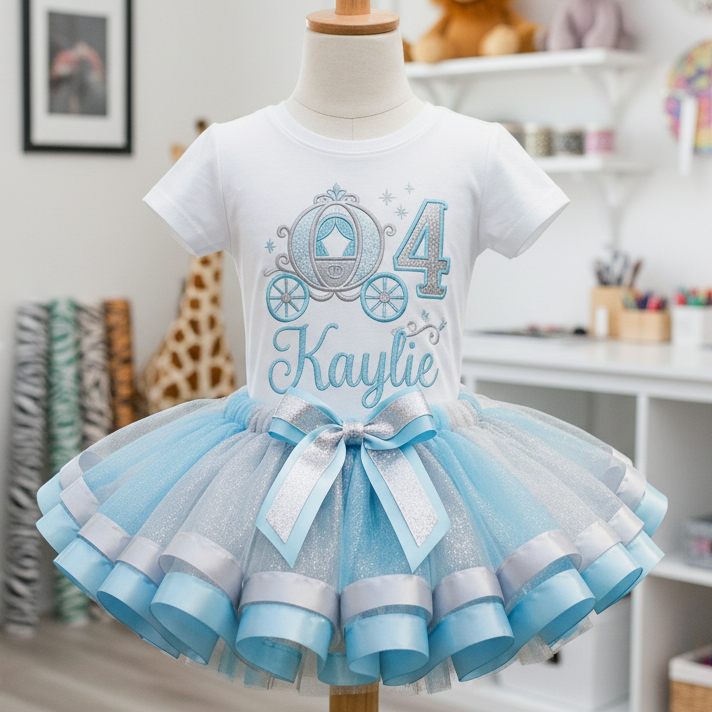 Silver and Blue Princess Carriage Birthday Custom Girls Tutu Outfit Personalized Dress Set