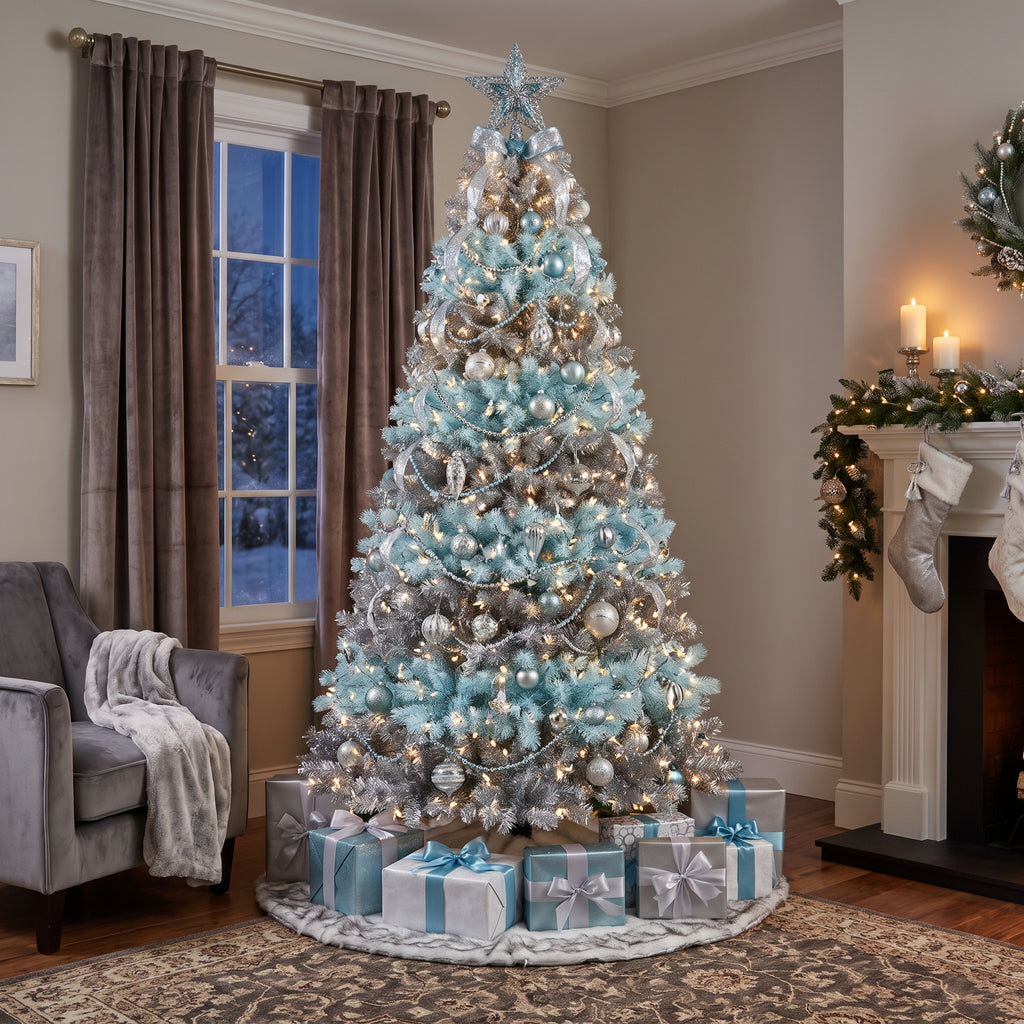 7-Foot Pre-Lit Two-Tone Metallic Silver & Ice Blue Artificial Christmas Tree Life Size Christmas Decor