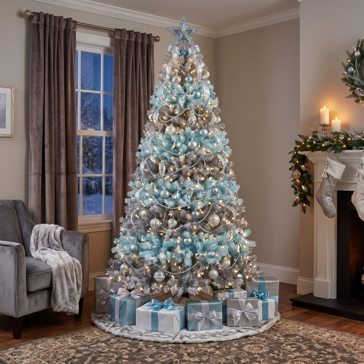 7-Foot Pre-Lit Two-Tone Metallic Silver & Ice Blue Artificial Christmas Tree Life Size Christmas Decor