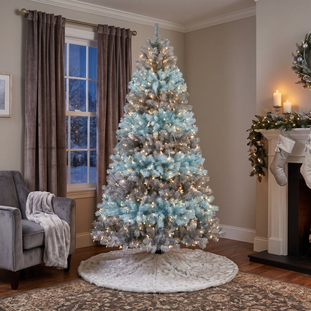 7-Foot Pre-Lit Two-Tone Metallic Silver & Ice Blue Artificial Christmas Tree Life Size Christmas Decor