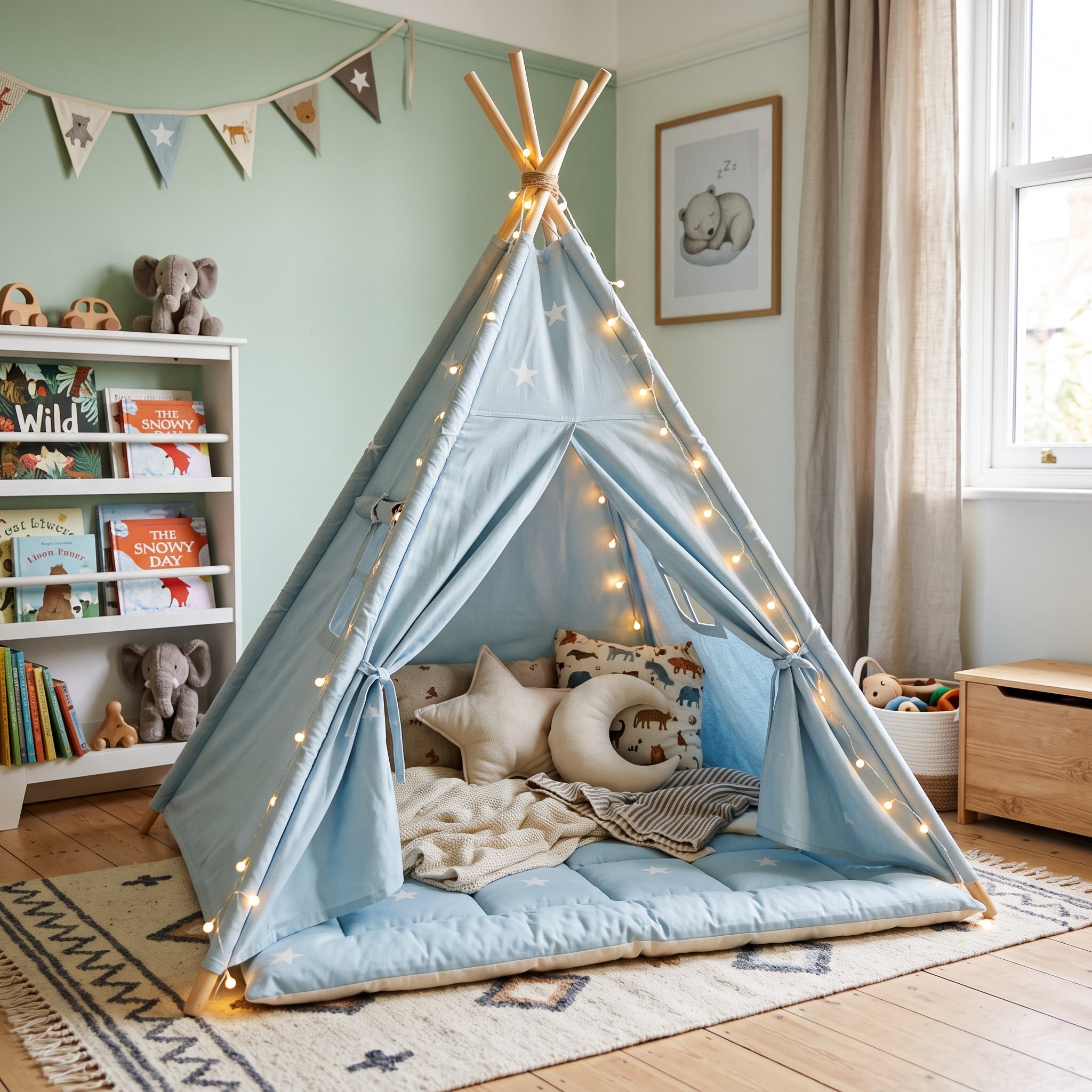 Blue Kids Teepee Play Tent with String Lights & Thick Padded Mat Tipi Playhouse Bedroom Playroom Decor