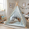 Light Blue & White Chevron Kids Teepee Play Tent with String Lights & Thick Padded Mat Tipi Playhouse Bedroom Playroom Decor