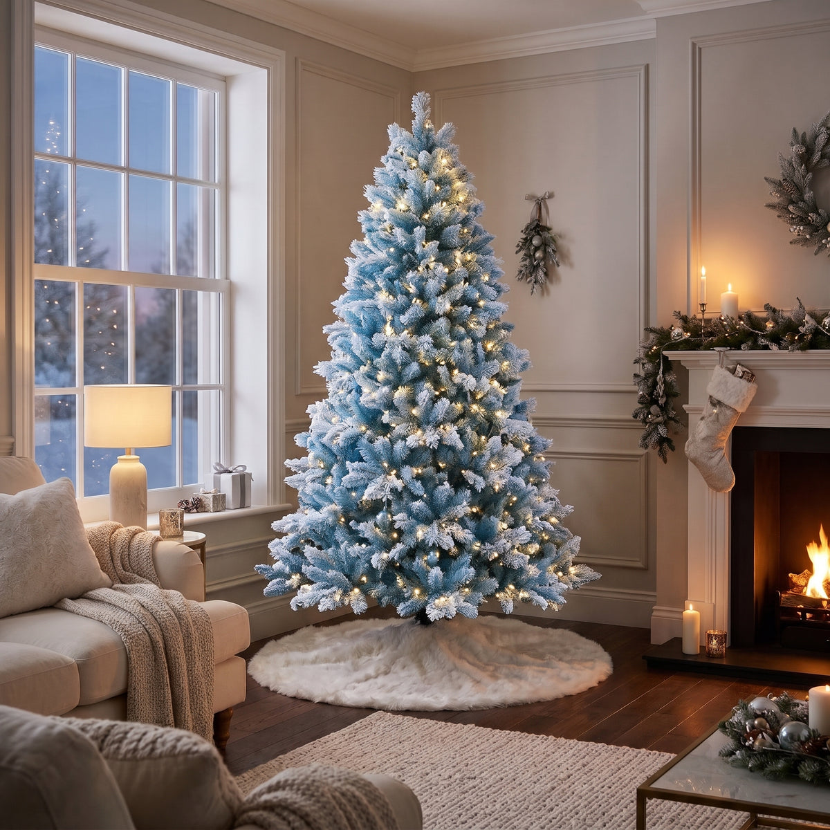 7-Foot Pre-Lit Frosted Ice Blue Artificial Christmas Tree Life Size Christmas Decor