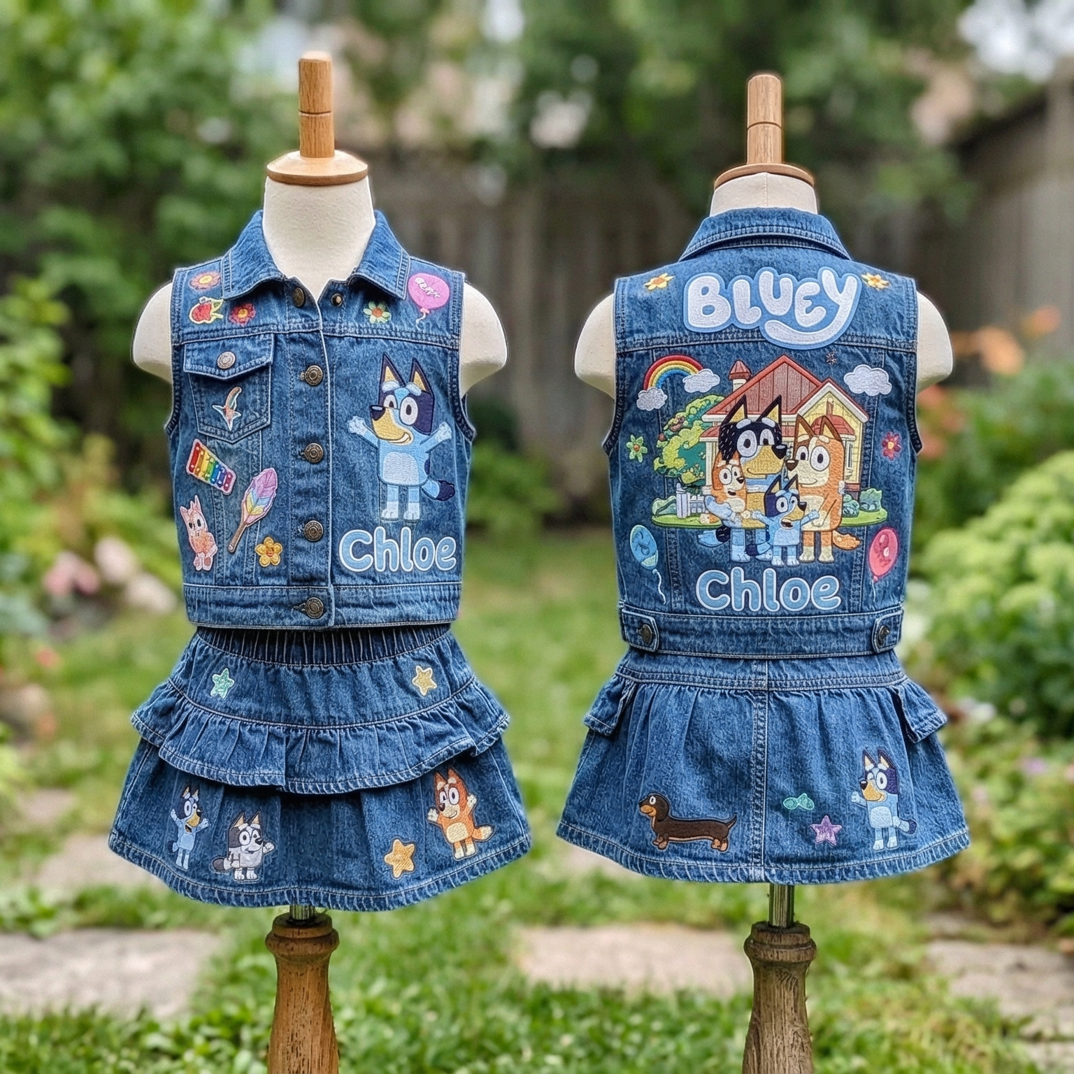 Personalized Custom Name Bluey Denim Vest & Skirt Set Birthday Party Cake Smash Gift