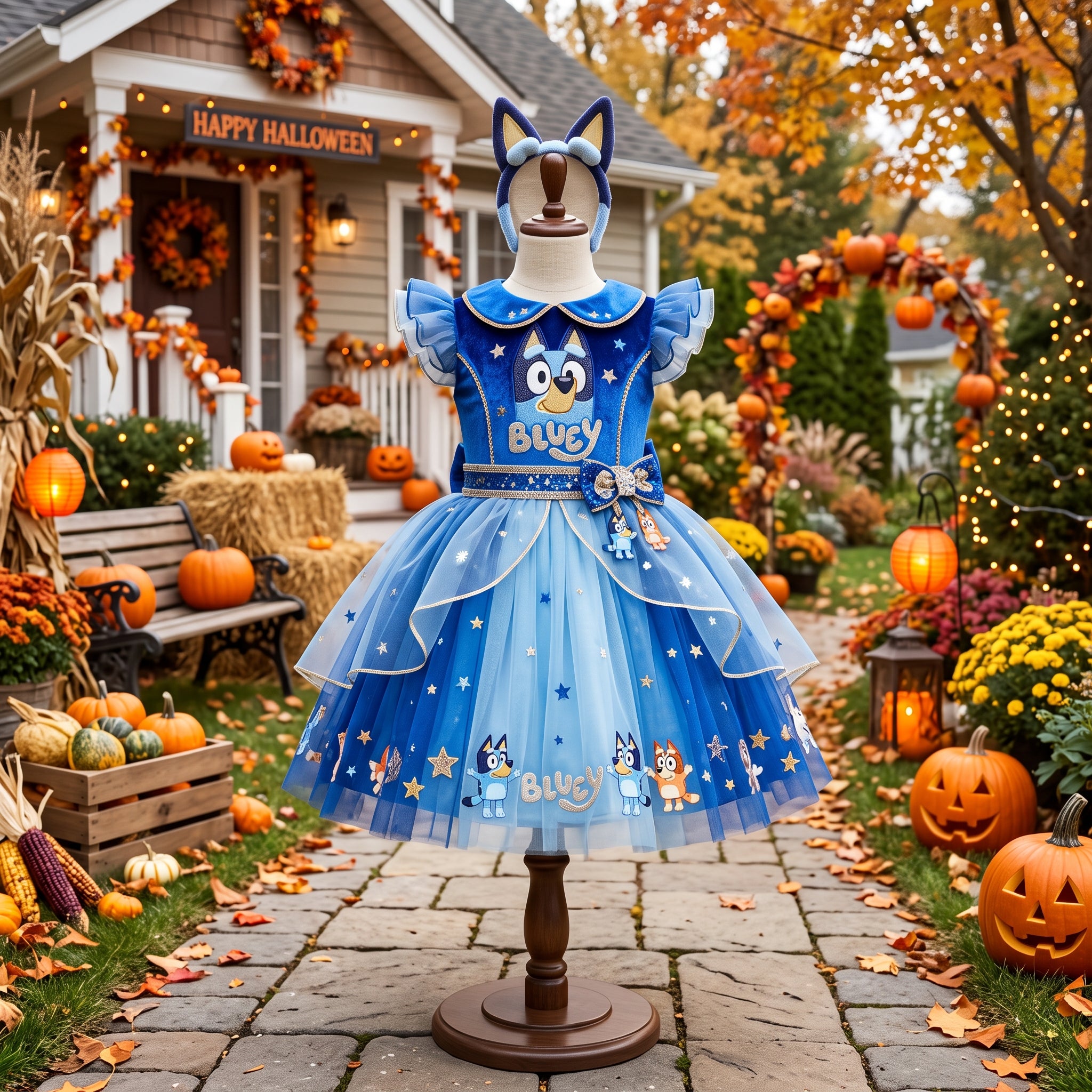 Bluey Girls' Deluxe Sparkle Tutu Party Costume Dress Set with Matching Headband Halloween Birthday Pageant