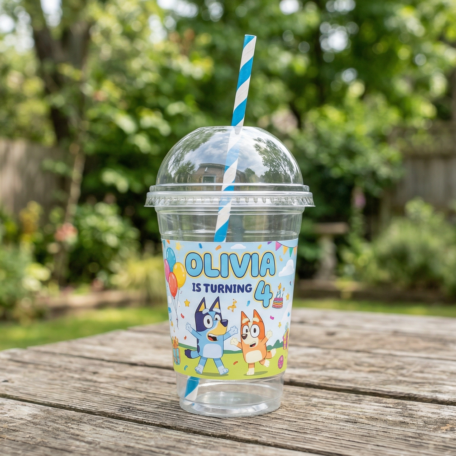 (Pack of 6) Bluey Custom Personalized Birthday Party 16 oz Cups with Dome Lids & Straws