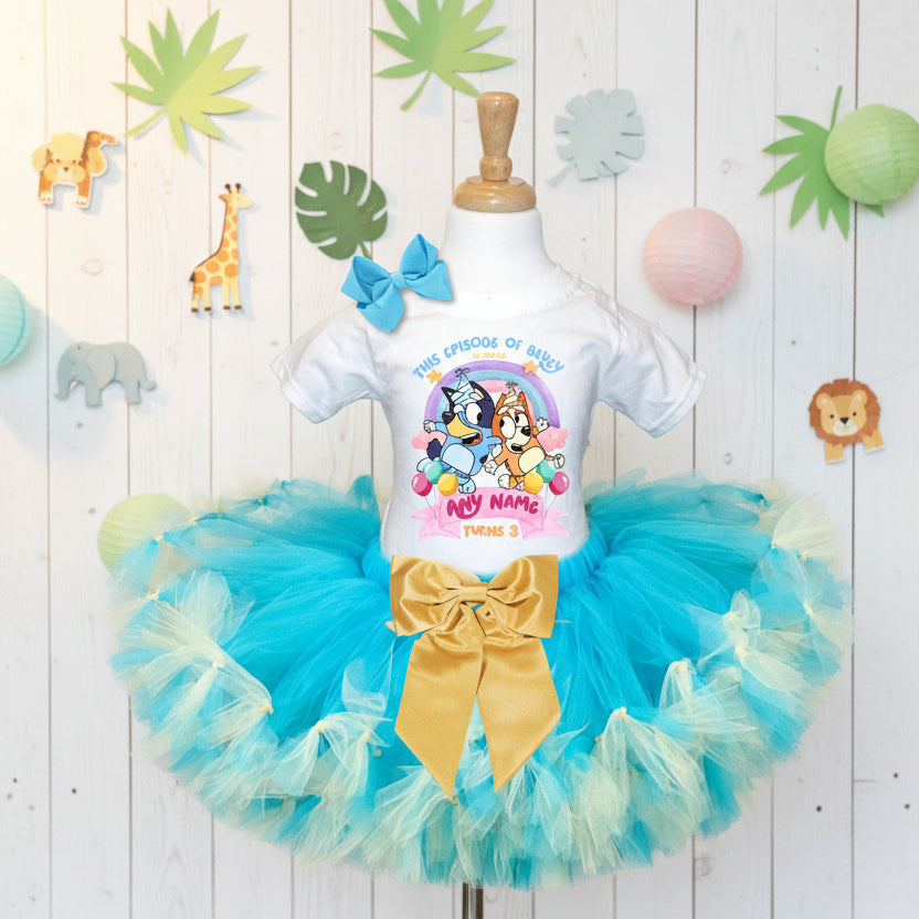 Bluey and Bingo Tutu Set Girls Personalized Custom Blue Soft Yellow Knots Tutu Outfit Dress Theme Cake Smash Birthday Party