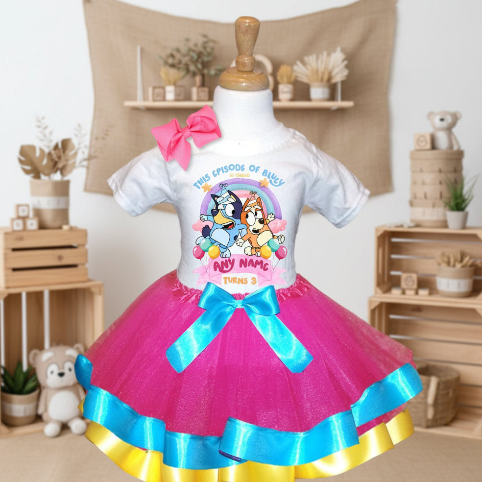 Bluey and Bingo Tutu Set Girls Personalized Custom Hot Pink Blue Yellow Ribbon Trim Tutu Outfit Dress Theme Cake Smash Birthday Party