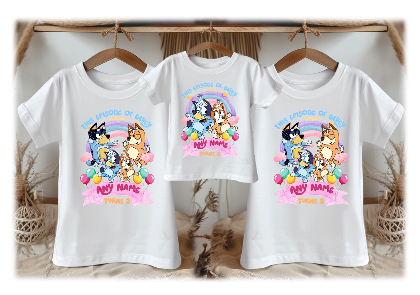 Bluey and Bingo Personalized Custom White Family T-Shirt or Onesie Pack Theme Cake Smash Birthday Party