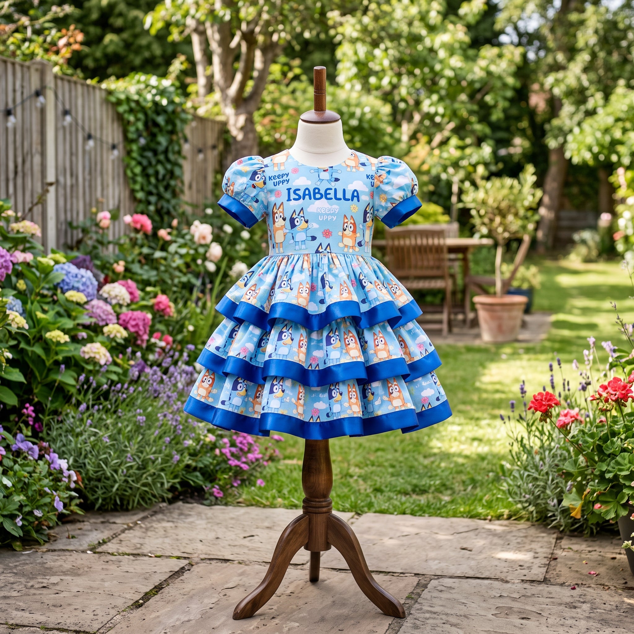 Bluey and Bingo Girls Personalized Custom Tiered Ruffle Dress Ribbon Trim Theme Cake Smash Birthday Party