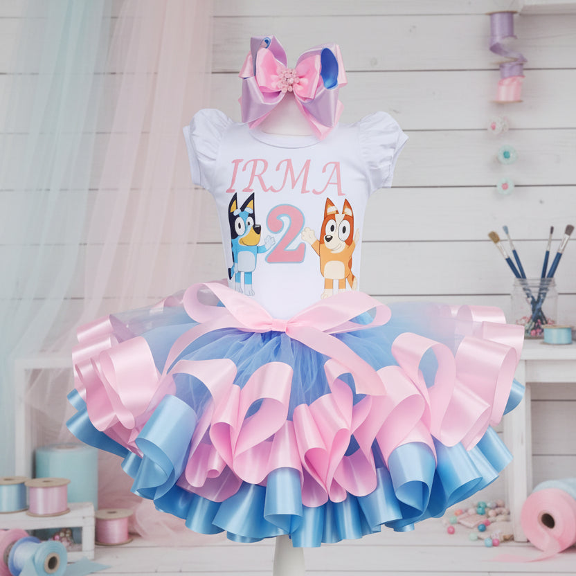Bluey and Bingo Waving Tutu Set Girls Personalized Custom Pink Blue Ribbon Sewn Trim Tutu Outfit Dress Theme Cake Smash Birthday Party