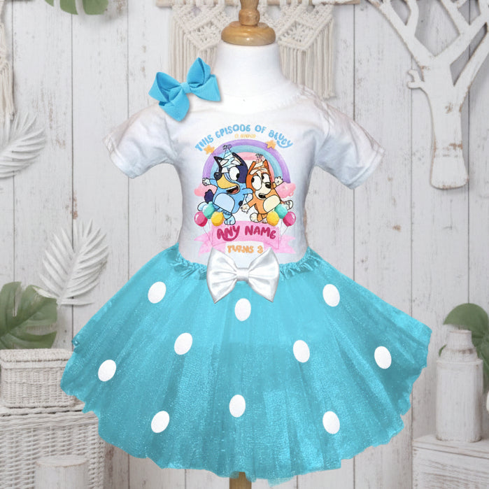 Bluey and Bingo Tutu Set Girls Personalized Custom Blue White Polka Dots Tutu Outfit Dress Theme Cake Smash Birthday Party