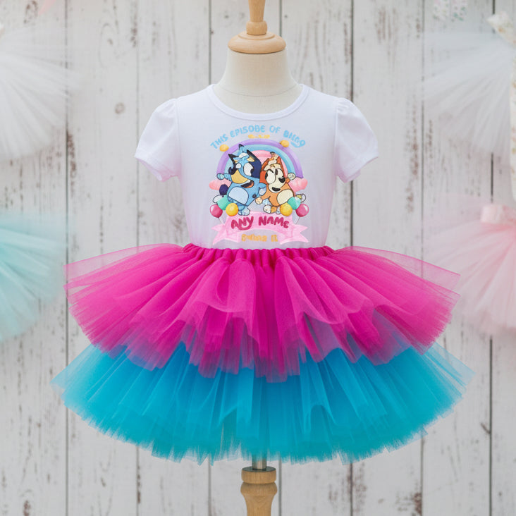 Bluey and Bingo Tutu Set Girls Personalized Custom Hot Pink Blue Tutu Outfit Dress Theme Cake Smash Birthday Party