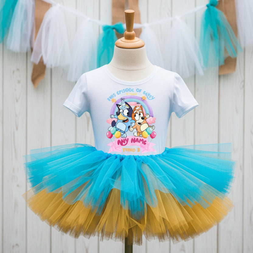 Bluey and Bingo Tutu Set Girls Personalized Custom Blue Gold Tutu Outfit Dress Theme Cake Smash Birthday Party