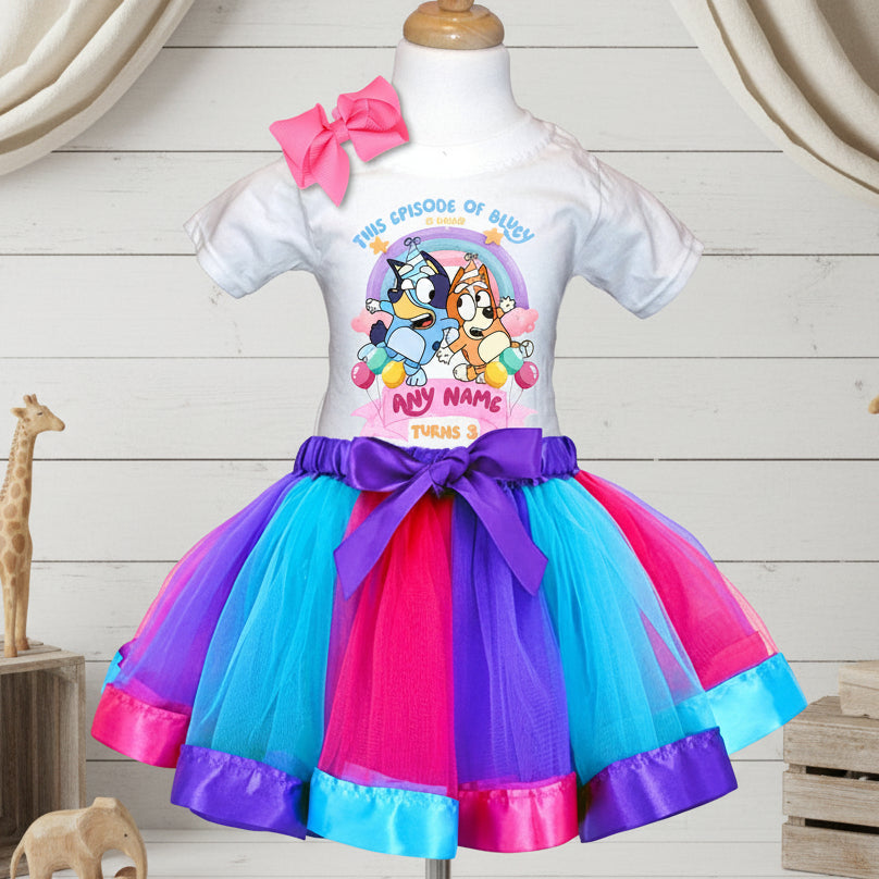 Bluey and Bingo Tutu Set Girls Personalized Custom Hot Pink Blue Purple Ribbon Tutu Outfit Dress Theme Cake Smash Birthday Party