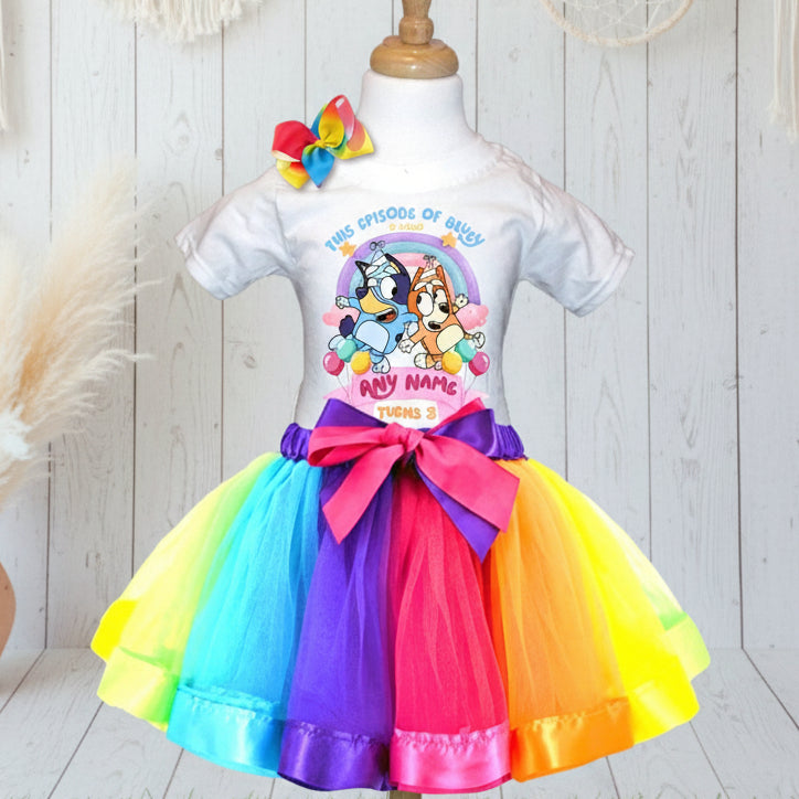 Bluey and Bingo Tutu Set Girls Personalized Custom Rainbow Ribbon Tutu Outfit Dress Theme Cake Smash Birthday Party