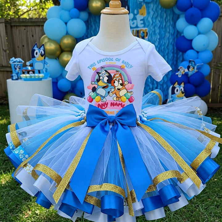 Bluey and Bingo Tutu Set Girls Personalized Custom Blue White Gold Ribbon Sewn Trim Tutu Outfit Dress Theme Cake Smash Birthday Party