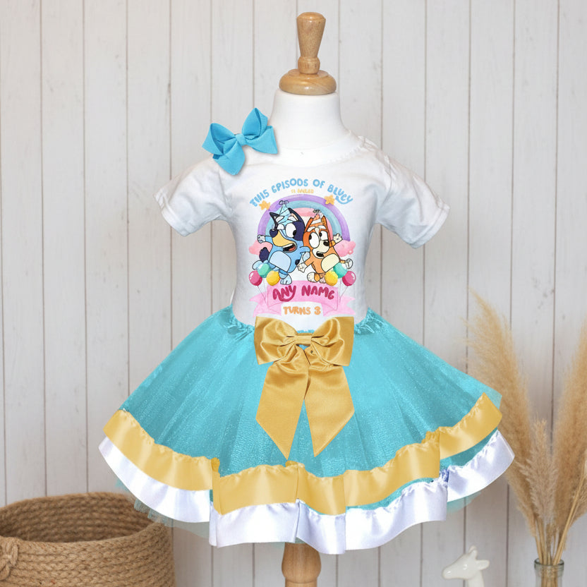 Bluey and Bingo Tutu Set Girls Personalized Custom Blue Gold White Ribbon Trim Tutu Outfit Dress Theme Cake Smash Birthday Party
