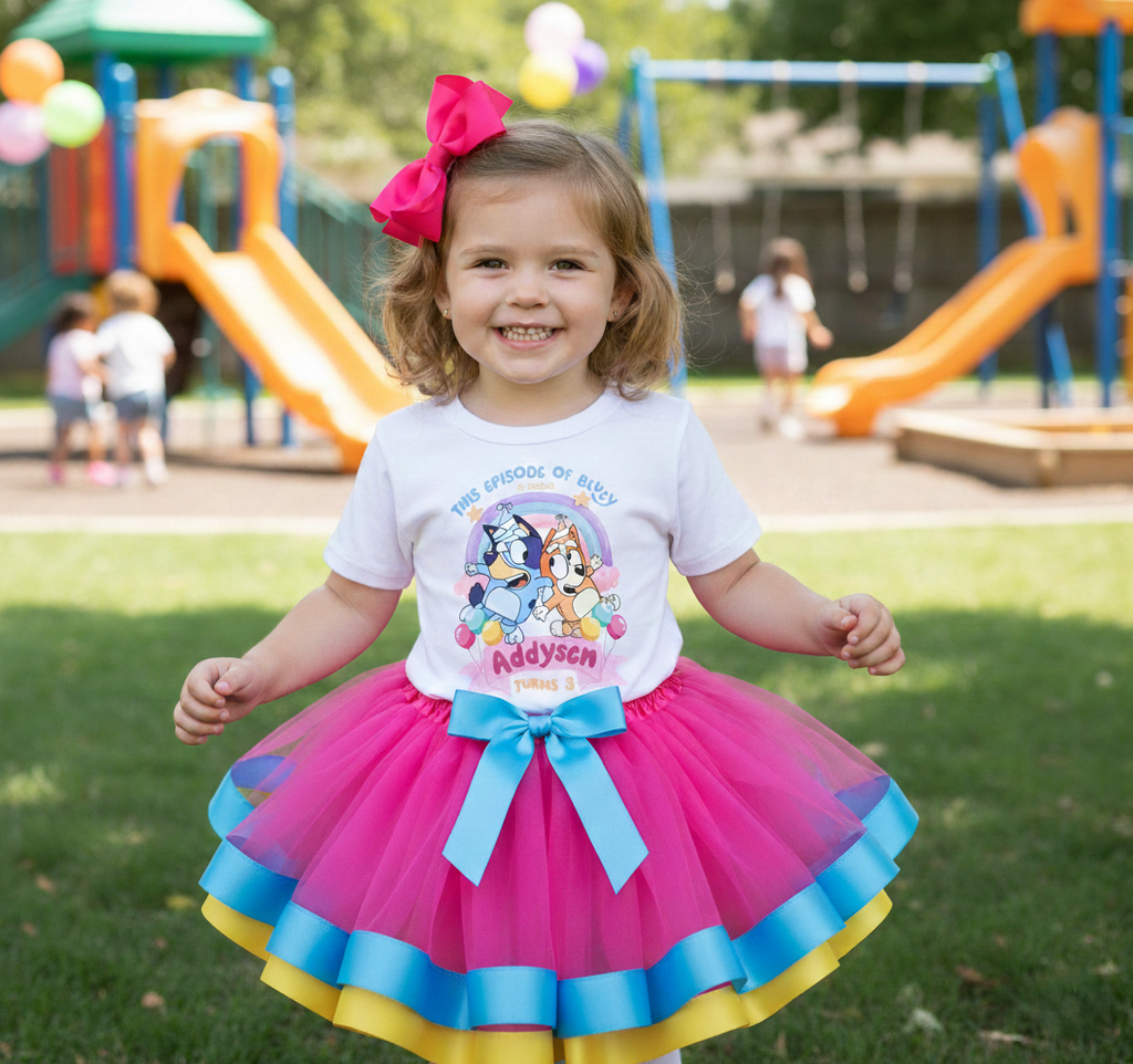 Bluey and Bingo Tutu Set Girls Personalized Custom Hot Pink Blue Yellow Ribbon Trim Tutu Outfit Dress Theme Cake Smash Birthday Party