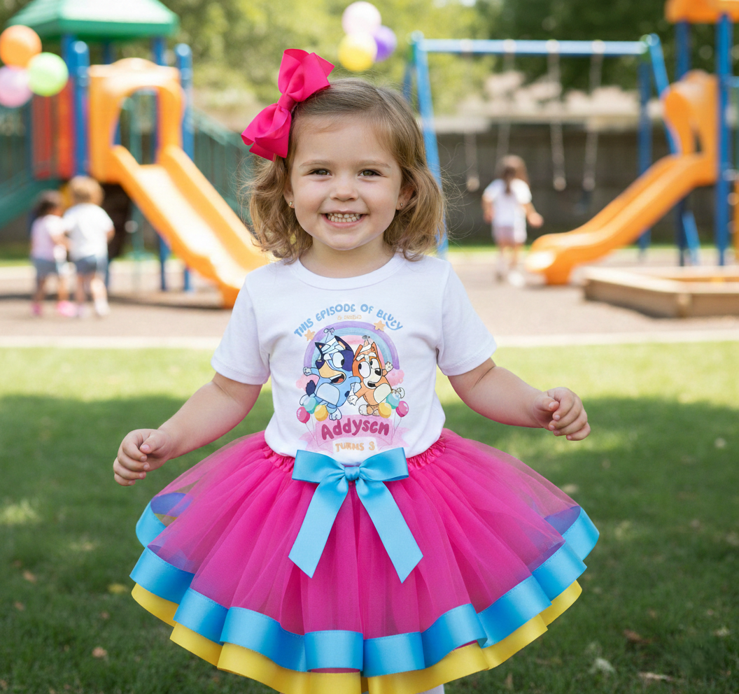 Bluey and Bingo Tutu Set Girls Personalized Custom Hot Pink Blue Yellow Ribbon Trim Tutu Outfit Dress Theme Cake Smash Birthday Party