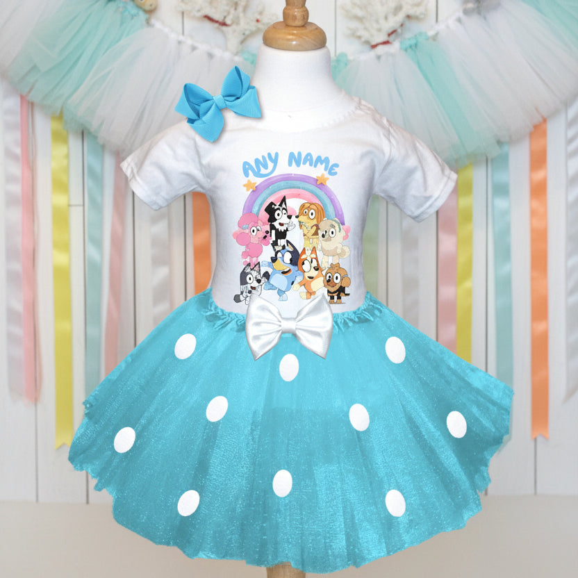 Bluey Bingo and Friends Tutu Set Girls Personalized Custom Blue White Polka Dots Tutu Outfit Dress Theme Cake Smash Party