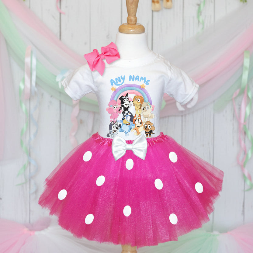 Bluey Bingo and Friends Tutu Set Girls Personalized Custom Hot Pink White Polka Dots Tutu Outfit Dress Theme Cake Smash Party
