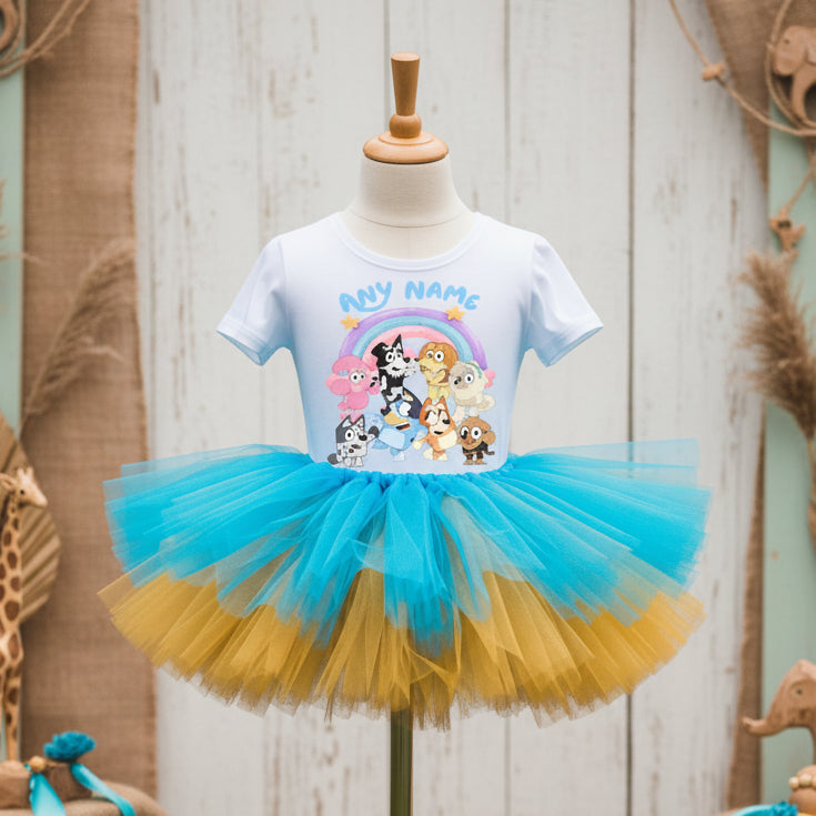 Bluey Bingo and Friends Tutu Set Girls Personalized Custom Blue Gold Tutu Outfit Dress Theme Cake Smash Party