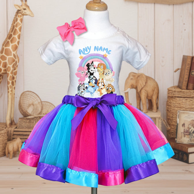 Bluey Bingo and Friends Tutu Set Girls Personalized Custom Hot Pink Blue Purple Ribbon Tutu Outfit Dress Theme Cake Smash Party