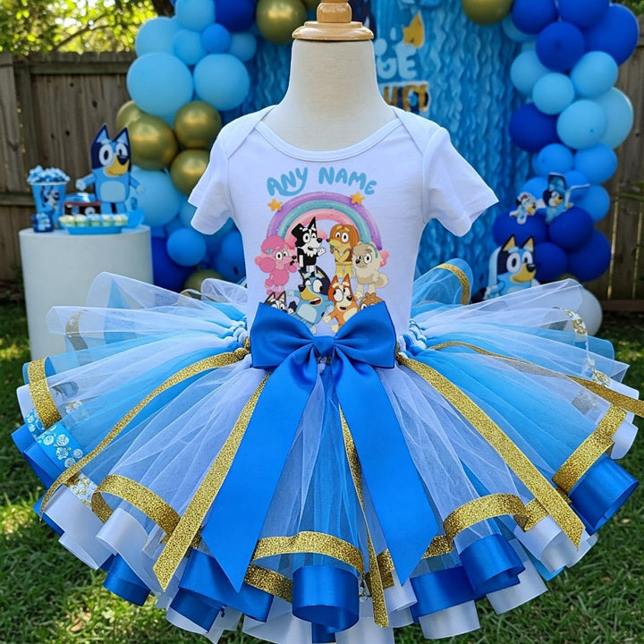 Bluey Bingo and Friends Tutu Set Girls Personalized Custom Blue White Gold Ribbon Sewn Trim Tutu Outfit Dress Theme Cake Smash Birthday Party