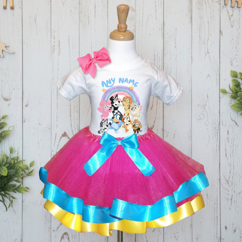 Bluey Bingo and Friends Tutu Set Girls Personalized Custom Hot Pink Blue Yellow Ribbon Trim Tutu Outfit Dress Theme Cake Smash Party
