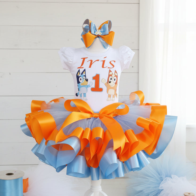 Bluey and Bingo Waving Tutu Set Girls Personalized Custom Blue Orange Ribbon Sewn Trim Tutu Outfit Dress Theme Cake Smash Birthday Party