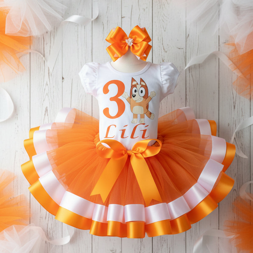 Bluey Bingo Heeler Tutu Set Girls Personalized Custom White Orange Ribbon Sewn Trim Tutu Outfit Dress Theme Cake Smash Birthday Party