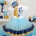 Bluey Jumping Tutu Set Girls Personalized Custom Gold Blue Ribbon Sewn Trim Tutu Outfit Dress Theme Cake Smash Birthday Party