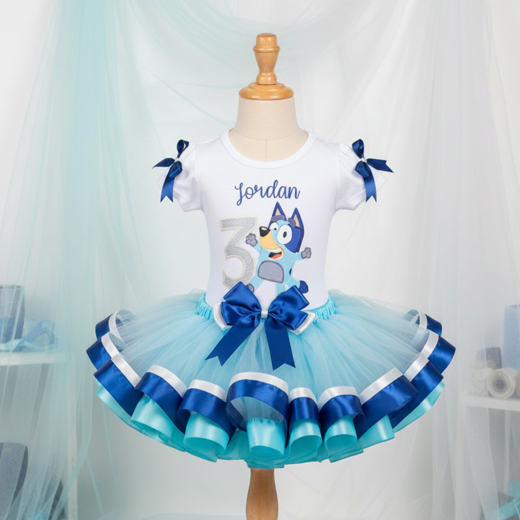 Bluey Jumping Tutu Set Girls Personalized Custom Silver Blue Ribbon Sewn Trim Tutu Outfit Dress Theme Cake Smash Birthday Party