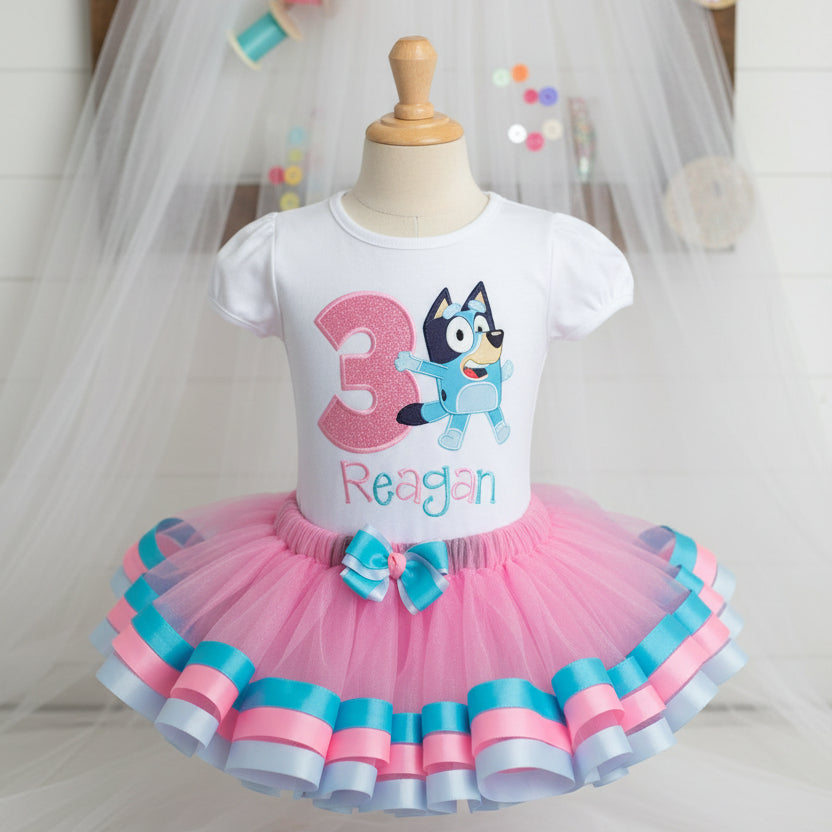 Bluey Heeler Dog Tutu Set Girls Personalized Custom Pink Blue White Ribbon Sewn Trim Tutu Outfit Dress Theme Cake Smash Birthday Party
