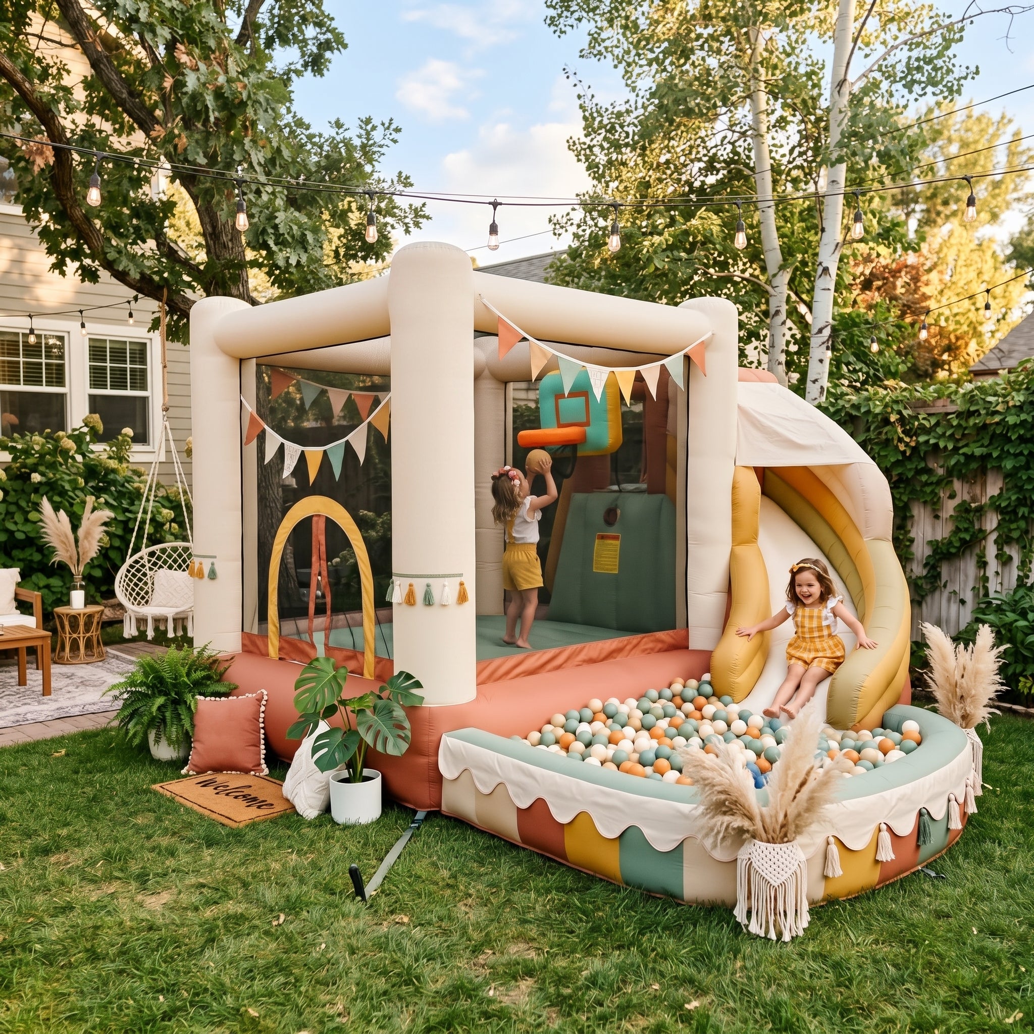 Play Bounce House Jumping Playhouse area with Slide and Ball Pit Boho Bohemian Theme