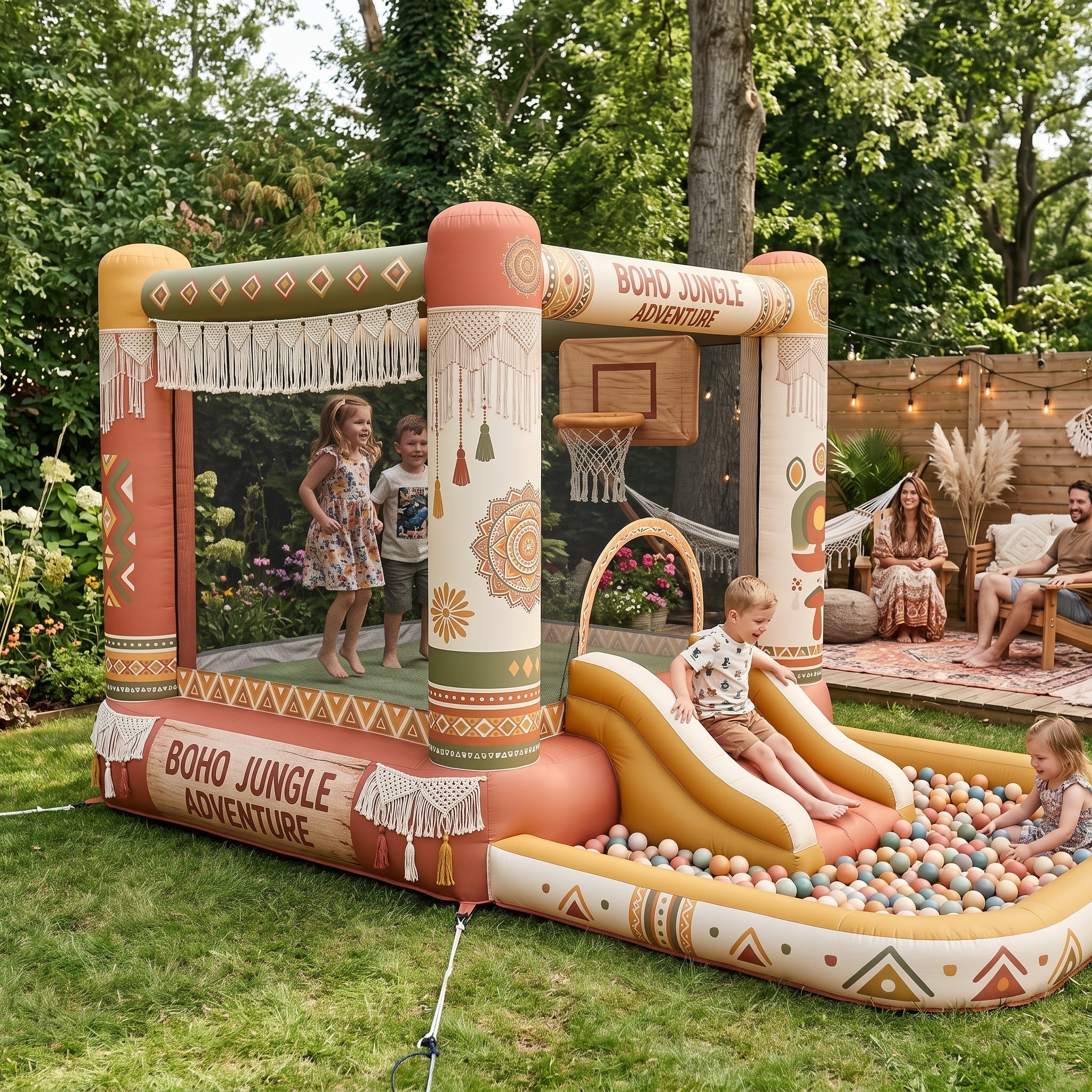 Play Bounce House Jumping Playhouse area with Slide and Ball Pit Boho Bohemian Jungle Adventure Theme