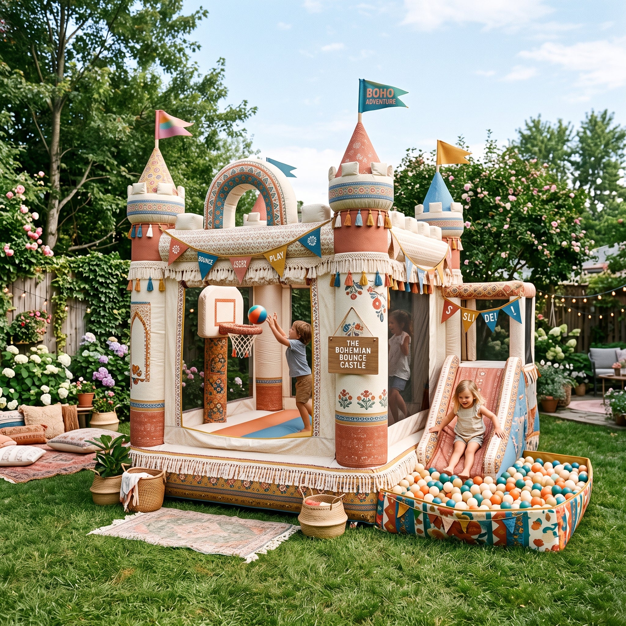 Play Bounce House Jumping Playhouse area with Slide and Ball Pit Boho Bohemian Castle Theme