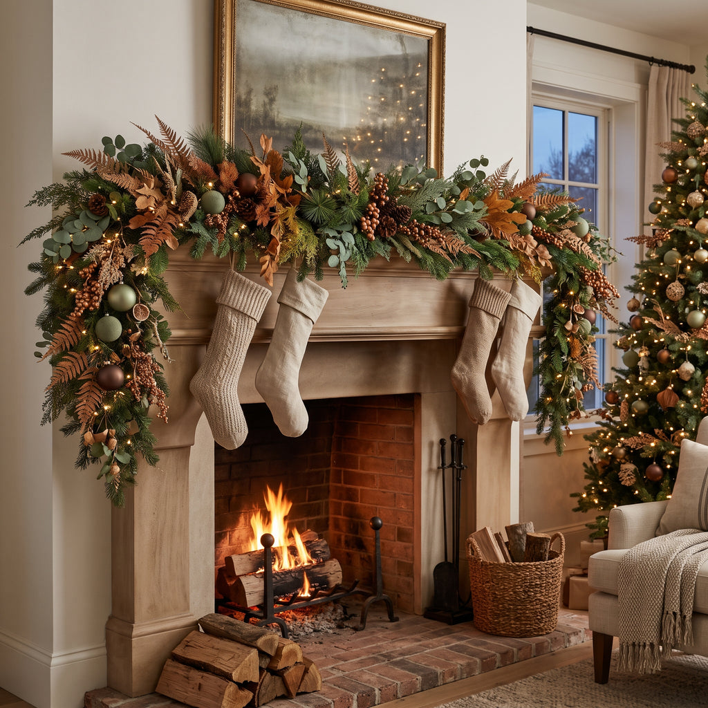 8-Foot Pre-Lit Boho Botanical Earthy Artificial Holiday Garland Christmas Decor