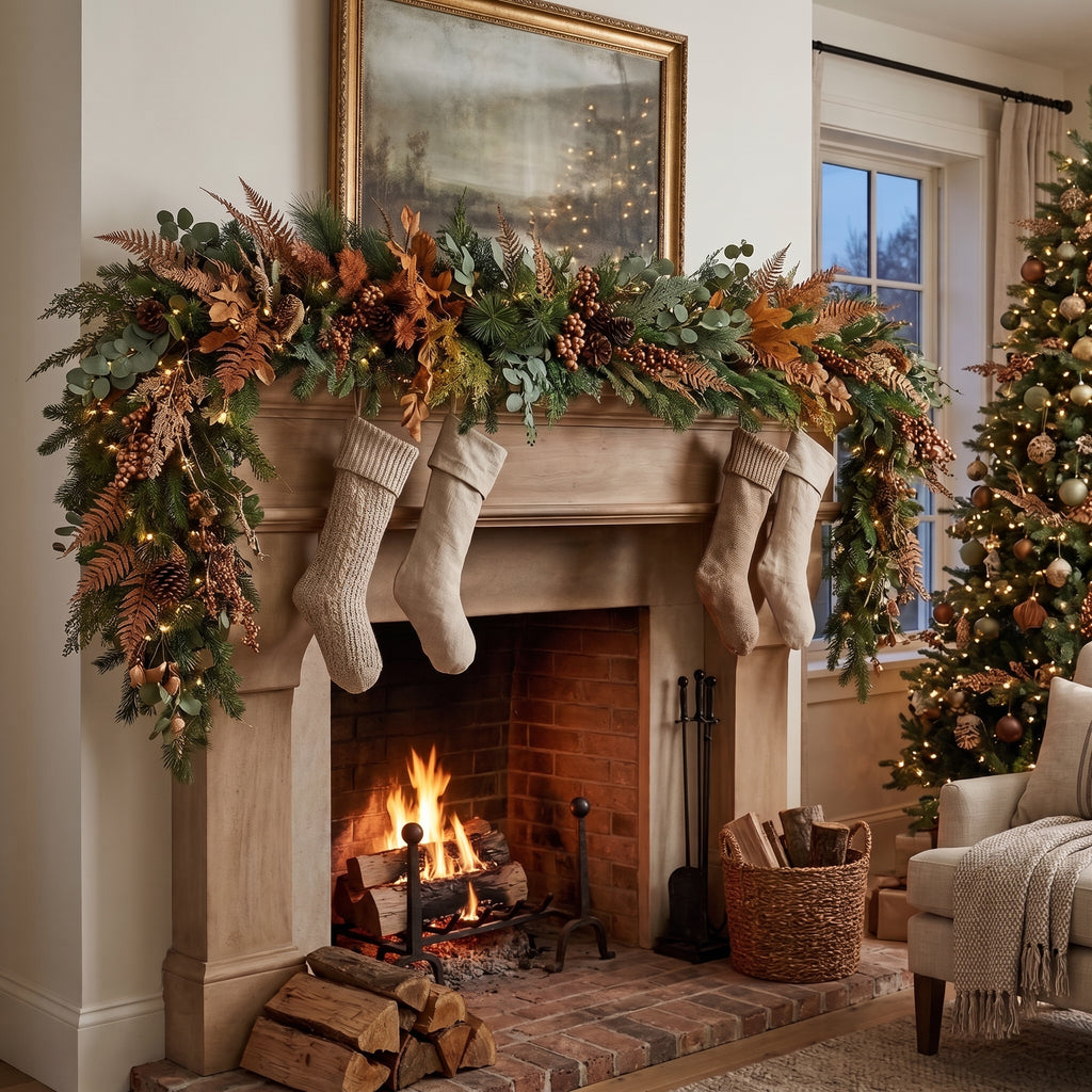 8-Foot Pre-Lit Boho Botanical Earthy Artificial Holiday Garland Christmas Decor