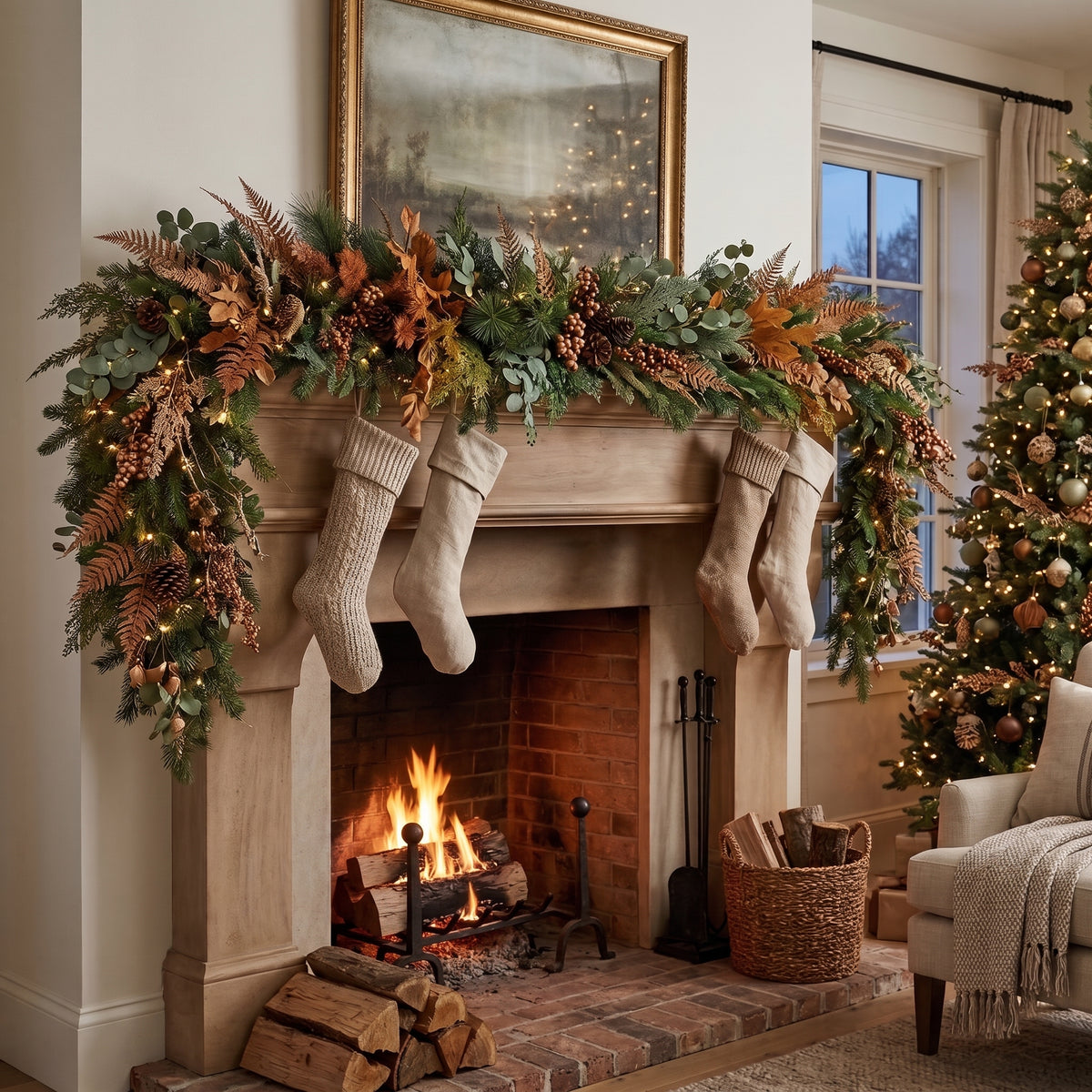 8-Foot Pre-Lit Boho Botanical Earthy Artificial Holiday Garland Christmas Decor