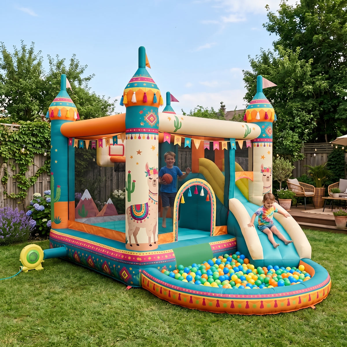 Play Bounce House Jumping Playhouse area with Slide and Ball Pit Boho Bohemian Llama Castle Theme