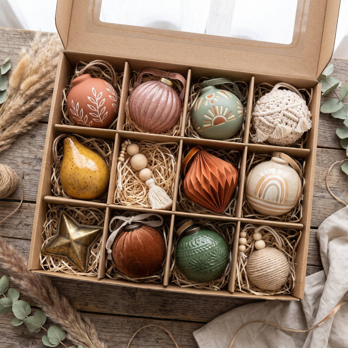 12-Piece Assorted Boho Neutral and Earth-Tone Luxury Holiday Ornament Set Christmas Decor