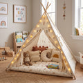 Boho Bohemian Off White Kids Teepee Play Tent with String Lights & Thick Padded Mat Tipi Playhouse Bedroom Playroom Decor