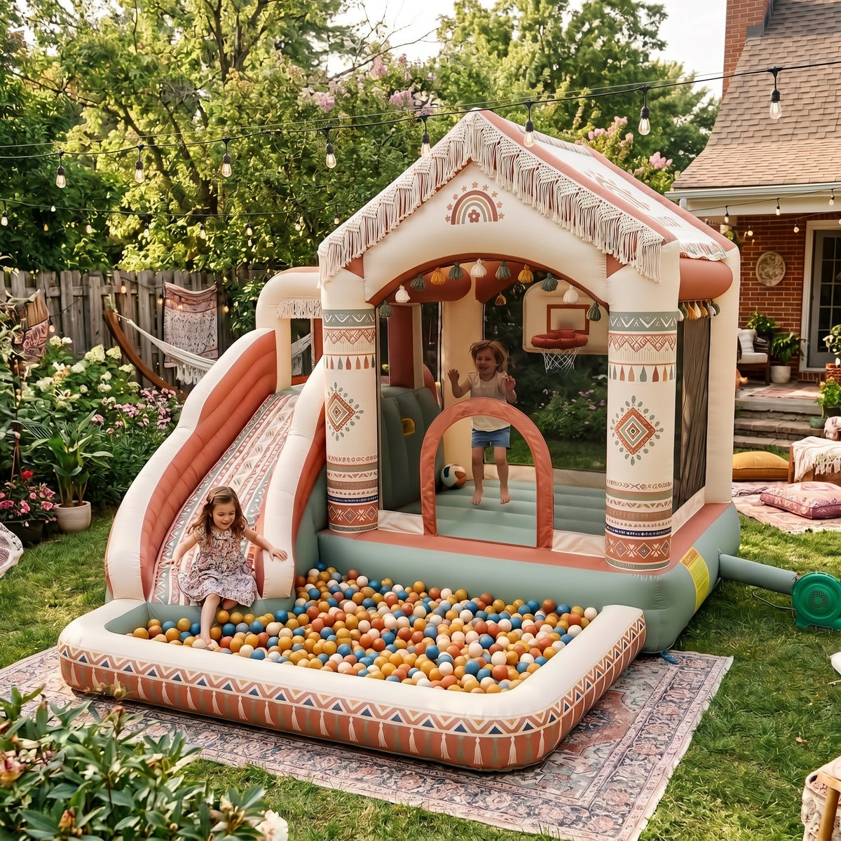 Play Bounce House Jumping Playhouse area with Slide and Ball Pit Boho Bohemian with Tassels Theme