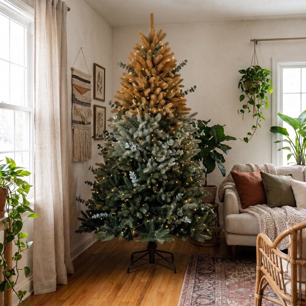 7-Foot Pre-Lit Earthy Ombré Botanical Boho Artificial Christmas Tree Life Size Christmas Decor