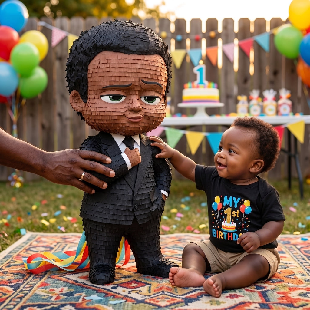 Premium Handmade 30-Inch Boss Baby Black Boy Character Pull-String Piñata Table Decor Party Centerpiece